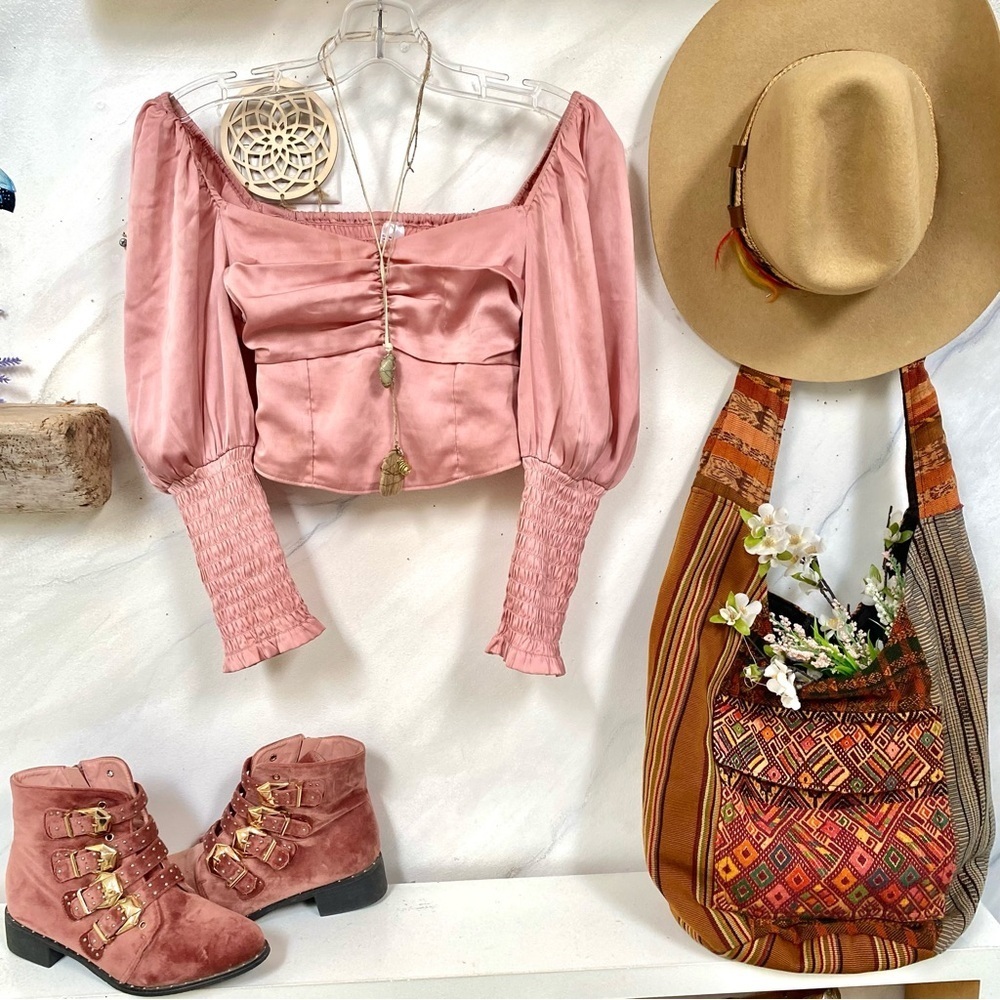 Exaggerated puff sleeves satin boho blouse w shabby chic vacay vibe